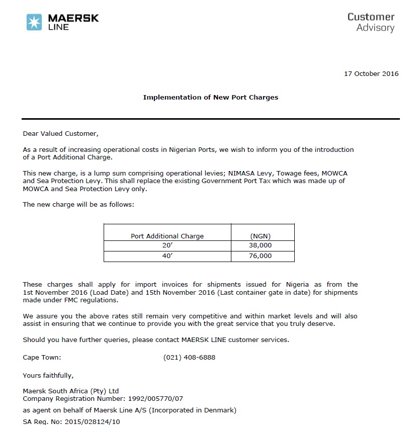 Maersk: New Port Charges Nigeria - Oceanwide Logistics Global Network